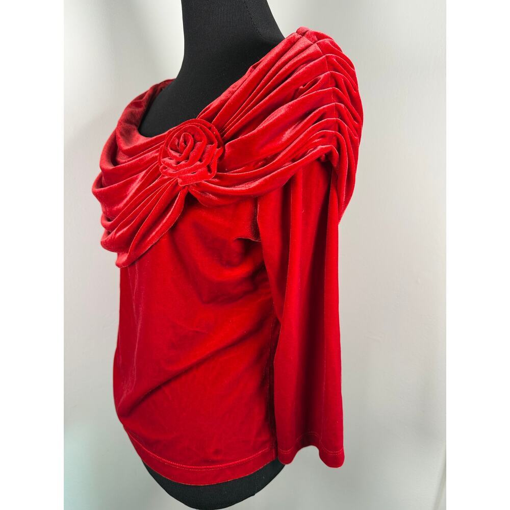 MSK Red Velvet Rosette Off Shoulder Top Romantic Glam Y2K Holiday Party Size M - Picture 4 of 6